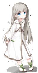 Rule 34 | 1girl, blue eyes, blush, boots, closed mouth, full body, long hair, long sleeves, looking at viewer, original, robe, silver hair, solo, standing, star (symbol), very long hair, white background, white footwear, white robe, white wings, wide sleeves, winged footwear, wings, yuuhagi (amaretto-no-natsu)