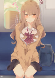 Rule 34 | 1girl, bad id, bad pixiv id, bag, between legs, black skirt, blue sky, blurry, blurry background, blush, braid, breasts, brown cardigan, brown hair, building, cardigan, closed mouth, cloud, collared shirt, commentary request, copyright request, day, depth of field, dress shirt, hair between eyes, hair ornament, hairclip, hand between legs, highres, long hair, long sleeves, medium breasts, muuran, orange eyes, school bag, school uniform, shirt, skirt, sky, solo, squiggle, sweat, tears, train interior, translated, very long hair, wavy mouth, white shirt