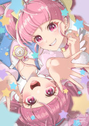 Rule 34 | 2girls, arm up, belt, blush, choker, cure star, dated, dress, dual persona, from above, hair ornament, highres, hoshina hikaru, lips, long hair, looking at viewer, lying, magical girl, minnmibouya, multiple girls, pink choker, pink dress, pink eyes, pink hair, pink shirt, planet hair ornament, precure, shirt, short hair, signature, smile, star (symbol), star choker, star color pendant, star hair ornament, star twinkle precure, suspenders, upper body