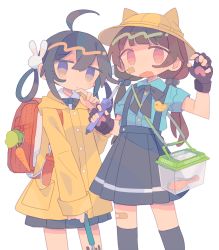 Rule 34 | 2girls, :o, ahoge, animal ears, backpack, bag, bandaid, bandaid on face, bird, black gloves, black hair, black neckwear, black ribbon, black skirt, blouse, blue shirt, blunt bangs, brown hair, carrot, cat ears, claw pose, closed mouth, cowboy shot, daizu (melon-lemon), duck, expressionless, fang, fingerless gloves, gloves, gradient eyes, hair between eyes, hair bobbles, hair ornament, hair rings, hand on own chin, hand up, hat, highres, holding, jitome, long hair, long sleeves, looking at viewer, low twintails, multicolored eyes, multiple girls, no nose, open mouth, original, pocket, raincoat, randoseru, ribbon, shirt, short sleeves, simple background, skin fang, skirt, stroking own chin, suspender skirt, suspenders, twintails, umbrella, white background, wing collar, yellow headwear