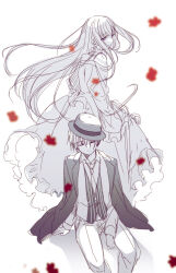 Rule 34 | 1boy, 1girl, between legs, bolo tie, cecilia (shiro seijo to kuro bokushi), collared shirt, dress, floating hair, frilled dress, frills, hand between legs, hat, jacket, jacket on shoulders, kazutake hazano, lawrence (shiro seijo to kuro bokushi), long hair, long sleeves, monochrome, open clothes, open jacket, pants, shadow, shiro seijo to kuro bokushi, shirt, simple background, sitting, very long hair, vest, white background