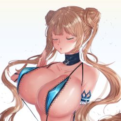 Rule 34 | 1girl, absurdres, bare shoulders, breasts, brown hair, collarbone, destiny child, double bun, closed eyes, hair bun, highres, huge breasts, ibulhag, lingerie, nirrti (destiny child), slingshot swimsuit, solo, swimsuit, twintails, underwear