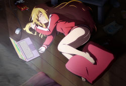 Rule 34 | 1girl, :o, bare legs, barefoot, bed, blanket, blonde hair, book, cable, can, cd, computer, cushion, dark, drink can, feet, food, gabriel dropout, gabriel tenma white, highres, jacket, laptop, long hair, long sleeves, lying, messy hair, mouse (computer), no pants, non-web source, on floor, on side, pocky, screencap, sleeping, soda can, solo, table, track jacket, used tissue, very long hair, wooden floor