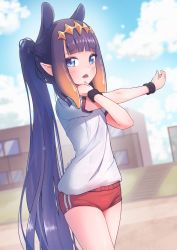 Rule 34 | 1girl, artist name, blue eyes, blunt bangs, blurry, blurry background, blush, buruma, commentary, cowboy shot, day, dutch angle, fang, gym uniform, hands up, highres, hololive, hololive english, kiirokuma, long hair, looking at viewer, ninomae ina&#039;nis, open mouth, outdoors, outstretched arm, pointy ears, ponytail, purple hair, red shorts, shirt, short sleeves, shorts, solo, stretching, tentacle hair, tentacles, very long hair, virtual youtuber, white shirt, wristband