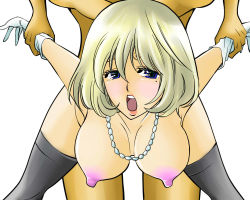 Rule 34 | 1girl, aoki yuriko, artist request, bakuman, bent over, blonde hair, blue eyes, breasts, covering privates, hanging breasts, jewelry, large breasts, lipstick, makeup, mole, necklace, nipples, nude, open mouth, sex, short hair, spread legs, standing, tagme, thighhighs, thighs, tongue, vaginal