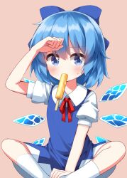 Rule 34 | 1girl, arm up, blue bow, blue dress, blue eyes, blue hair, blush, bow, cirno, collared shirt, commentary request, detached wings, dress, eyes visible through hair, feet out of frame, food, food in mouth, hair between eyes, hair bow, highres, ice, ice cream, ice wings, mouth hold, neck ribbon, pinafore dress, pink background, popsicle, puffy short sleeves, puffy sleeves, red ribbon, ribbon, ruu (tksymkw), shirt, short hair, short sleeves, simple background, sitting, sleeveless, sleeveless dress, solo, sweatdrop, touhou, white shirt, wings
