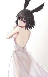 Rule 34 | 1girl, backless dress, backless outfit, bare back, black hair, blush, breasts, dress, elfenlied22, fate/grand order, fate (series), hand on own shoulder, head wings, highres, large breasts, looking back, ortlinde (fate), red eyes, see-through, short hair, sideboob, simple background, solo, strapless, strapless dress, translucent, valkyrie (fate), white background, white dress, wings