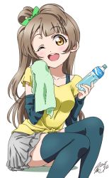 Rule 34 | 1girl, ;d, arm warmers, blue thighhighs, bottle, bow, commentary request, green bow, grey hair, grey skirt, hair bow, highres, holding, holding bottle, holding towel, long hair, looking at viewer, love live!, love live! school idol festival, love live! school idol project, minami kotori, miniskirt, one eye closed, one side up, open mouth, round teeth, shirt, short sleeves, signature, sitting, skirt, smile, solo, sweat, takeya yuuki, teeth, thighhighs, towel, upper teeth only, water bottle, white background, yellow eyes, yellow shirt