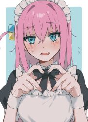 Rule 34 | 1girl, apron, black bow, black bowtie, black dress, blue eyes, blush, bocchi the rock!, bow, bowtie, commentary request, cube hair ornament, detached collar, dress, flying sweatdrops, gotoh hitori, hair between eyes, hair ornament, heart, heart hands, highres, long hair, looking at viewer, maid apron, maid headdress, nijikun, parted lips, pink hair, short sleeves, simple background, solo, sweatdrop, upper body, white apron, white background