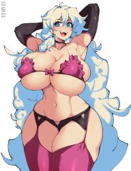 Rule 34 | 1girl, absurdres, armpits, arms behind head, artist name, blue eyes, bra, breasts, choker, cleavage, collarbone, curvy, earrings, elbow gloves, garter belt, garter straps, gloves, highres, huge breasts, jewelry, long hair, navel, nia teppelin, open mouth, solo, stomach, symbol-shaped pupils, taiger, tengen toppa gurren lagann, thick thighs, thighhighs, thighs, underwear, unusual pupils, very long hair, white background, wide hips