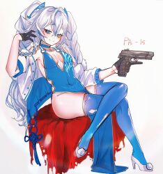 Rule 34 | 1girl, bare shoulders, bisaytin, black gloves, blue collar, blue dress, blue eyes, blue hair, blue thighhighs, braid, breasts, center opening, character name, collar, covered navel, crossed legs, dress, girls&#039; frontline, gloves, gun, half gloves, handgun, high heels, holding, holding gun, holding weapon, jacket, long hair, long sleeves, looking at viewer, mab pa-15, medium breasts, multicolored hair, official alternate costume, open clothes, open jacket, pa-15 (alluring larkspur) (girls&#039; frontline), pa-15 (girls&#039; frontline), sideboob, simple background, sitting, smile, streaked hair, thighhighs, thighs, trigger discipline, very long hair, weapon, white background, white footwear, white hair, white jacket