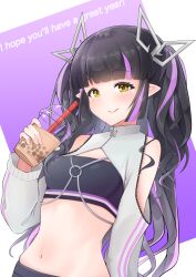 Rule 34 | 1girl, black hair, black skirt, black tube top, blunt bangs, blush, breasts, bubble tea, closed mouth, clothing cutout, commentary request, cup, demon girl, demon horns, disposable cup, drinking straw, english text, highres, holding, holding cup, horns, jacket, kojo anna, kojo anna (2nd costume), lace trim, long hair, looking at viewer, medium breasts, midriff, multicolored hair, nanashi inc., navel, o-ring, o-ring top, official alternate costume, pointy ears, purple hair, robou no stone, shoulder cutout, shrug (clothing), skirt, smile, solo, strapless, tube top, two-tone hair, two side up, upper body, virtual youtuber, white jacket, yellow eyes