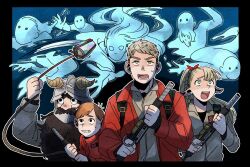 Rule 34 | 1girl, 3boys, black eyes, brown hair, chilchuck tims, clenched teeth, dobu dive, dungeon meshi, facial hair, fake horns, ghost, ghostbusters, green eyes, hair ribbon, helmet, highres, holding, holding ghostbuster, holding weapon, horned helmet, horns, jacket, laios touden, long sleeves, marcille donato, multiple boys, mustache, open mouth, pointy ears, ponytail, proton pack, red jacket, red ribbon, ribbon, rope, senshi (dungeon meshi), sweat, teeth, weapon