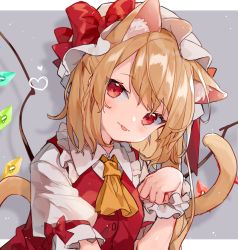 Rule 34 | 1girl, :p, animal ear fluff, animal ears, ascot, blonde hair, blush, border, bow, cat ears, cat tail, commentary request, crystal, drop shadow, flandre scarlet, frilled shirt collar, frills, grey background, hand up, hat, hat bow, head tilt, highres, kemonomimi mode, long hair, looking at viewer, mob cap, mokyuko, one side up, outside border, paw pose, puffy short sleeves, puffy sleeves, red bow, red eyes, red vest, shirt, short sleeves, smile, solo, tail, tongue, tongue out, touhou, upper body, vest, white border, white hat, white shirt, wings, wrist cuffs, yellow ascot