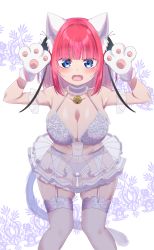 Rule 34 | 1girl, absurdres, animal ears, animal hands, armpits, bell, black ribbon, blue eyes, blunt bangs, blush, bra, breasts, butterfly hair ornament, cat ears, cat paws, cat tail, choker, cleavage, collarbone, floral print, gao, garter belt, garter straps, go-toubun no hanayome, hair ornament, highres, large breasts, looking at viewer, nakano nino, neck bell, open mouth, panties, pink hair, ribbon, rinne (mizunosato), see-through, see-through skirt, simple background, skindentation, skirt, tail, thick thighs, thighhighs, thighs, twintails, underwear, v-shaped eyebrows, white bra, white choker, white panties