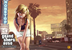 Rule 34 | 1girl, ambiguous gender, bangle, billboard, black shirt, blonde hair, bow, bracelet, braid, car, chain, city, coca-cola, commentary request, cookie (touhou), cowboy shot, crop top, ear piercing, flat chest, grand theft auto, grand theft auto: san andreas, hair bow, hakurei reimu, hand on own chin, hand on own knee, heart, heart tattoo, highres, hunched over, jewelry, kirisame marisa, lamppost, las vegas, leaning forward, long hair, looking at viewer, megafaiarou (talonflame 810), micro shorts, midriff, motor vehicle, navel, necklace, one eye closed, palm tree, piercing, postbox (outgoing mail), purple bow, rei (cookie), reu (cookie), road, shirt, shorts, single braid, sky, smile, solo, standing, street, tattoo, teeth, touhou, traffic light, tree, truck, yellow eyes, yellow sky