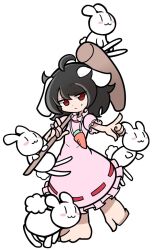 Rule 34 | 1girl, :3, ahoge, animal ears, barefoot, black hair, carrot necklace, closed mouth, dress, floppy ears, full body, inaba mob (touhou), inaba tewi, jewelry, kine, mallet, necklace, parody, pink dress, puyopuyo, rabbit, rabbit ears, red eyes, ribbon-trimmed dress, shinmon akika, short hair, short sleeves, smile, style parody, touhou