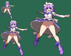 Rule 34 | 1girl, apron, bad id, bad pixiv id, blue bow, boots, bow, breasts, dress, bad tag, full body, green background, hat, letty whiterock, long sleeves, looking at viewer, medium breasts, multiple views, namako daibakuhatsu, open mouth, panties, pantyshot, pixel art, puffy long sleeves, puffy sleeves, purple eyes, purple footwear, purple hair, simple background, smile, standing, touhou, underwear, upskirt, white apron, white hat, white panties