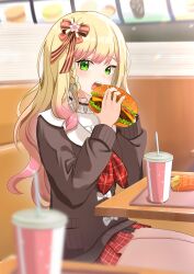 Rule 34 | 1girl, absurdres, aneal (syuuumaeee), blonde hair, blurry, blush, braid, brown ribbon, brown shirt, burger, chips (food), commentary request, cup, depth of field, eating, food, gradient hair, green eyes, hands up, highres, holding, holding food, hololive, indoors, long hair, long sleeves, looking at viewer, momosuzu nene, momosuzu nene (casual), multicolored hair, neck garter, on chair, open mouth, pink hair, plaid, plaid ribbon, plaid skirt, potato chips, red ribbon, red skirt, ribbon, shirt, side braid, sitting, skirt, solo, streaked hair, table, teeth, tongue, upper teeth only, virtual youtuber