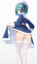 Rule 34 | 1girl, absurdres, ass, belt, beret, blue bow, blue dress, blue eyes, blush, bob cut, bow, clothes lift, dress, dress lift, feet out of frame, from behind, garter straps, green hair, hat, hat bow, highres, lace, lace-trimmed legwear, lace trim, lifting own clothes, long sleeves, looking at viewer, looking back, medium dress, original, panties, sailor collar, sailor dress, short hair, side-tie panties, smile, solo, standing, thighhighs, underwear, white background, white belt, white hat, white panties, white sailor collar, white thighhighs, xintianou