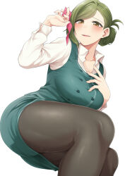 Rule 34 | 1girl, absurdres, black pantyhose, blush, breasts, collarbone, condom, condom wrapper, feet out of frame, folded ponytail, green eyes, green hair, green skirt, green vest, highres, holding, holding condom, idolmaster, idolmaster shiny colors, invisible chair, large breasts, looking at viewer, nanakusa hazuki, office lady, open collar, pantyhose, shirt, simple background, single sidelock, sitting, skirt, smile, solo, swept bangs, tokufumi, vest, white background, white shirt
