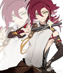 Rule 34 | 1boy, armpits, black gloves, closed mouth, dark red hair, genshin impact, gloves, green eyes, hair between eyes, highres, holding, holding weapon, jitte, low ponytail, male focus, mole, mole under each eye, mole under eye, multiple moles, red hair, shikanoin heizou, sirakane (tigo5115), twitter username, weapon, white background, zoom layer
