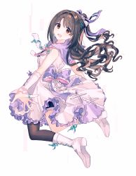 Rule 34 | 1girl, asymmetrical legwear, back bow, bad id, bad pixiv id, black hair, black legwear, boots, bow, bracer, brown eyes, cross-laced footwear, detached sleeves, dress, dress bow, earrings, frilled dress, frills, hair bow, hair ornament, hair tie, highres, idolmaster, idolmaster cinderella girls, idolmaster cinderella girls starlight stage, jewelry, lace-up boots, long hair, looking at viewer, migolu, one side up, open mouth, purple ribbon, purple sailor collar, ribbon, ring, sailor collar, shimamura uzuki, sidelocks, simple background, sleeveless, sleeveless dress, solo, uneven legwear, white background, white dress, white legwear, x hair ornament
