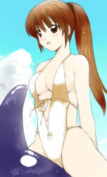 Rule 34 | 1girl, :o, areola slip, arms behind back, bad id, bad pixiv id, blush, breasts, brown eyes, brown hair, casual one-piece swimsuit, cleavage, cloud, collarbone, halterneck, hanyuumen, inflatable orca, inflatable toy, inflatable whale, long hair, one-piece swimsuit, open mouth, outdoors, ponytail, riding, sky, solo, straddling, swimsuit, upright straddle, whale