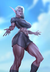 Rule 34 | 1girl, abs, absurdres, black lips, black sclera, blue sky, breasts, colored sclera, colored skin, day, elf, execute phase, grey shirt, grey shorts, grey skin, grey socks, highres, large breasts, lipstick, long hair, looking at viewer, makeup, midriff, muscular, muscular female, nightborne, outdoors, pointy ears, shiny skin, shirt, short shorts, short sleeves, shorts, sky, smile, socks, solo, sportswear, toned, warcraft, white hair, world of warcraft