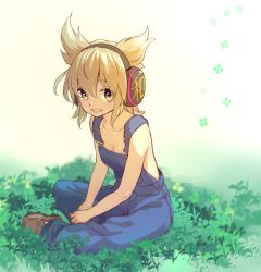 Rule 34 | 1girl, alternate costume, alternate footwear, backlighting, bare arms, bare shoulders, beige background, blonde hair, blush, breasts, brown footwear, cleavage, clover, collarbone, earmuffs, eyes visible through hair, four-leaf clover, gradient background, grass, grin, hair between eyes, looking at viewer, makuwauri, naked overalls, on ground, overalls, own hands together, pointy ears, shoes, short hair, sitting, small breasts, smile, solo, touhou, toyosatomimi no miko, white background, yellow eyes