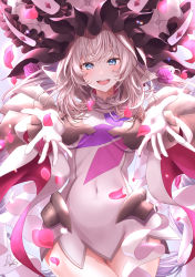 Rule 34 | 1girl, absurdres, blue eyes, blush, breasts, fate/grand order, fate (series), frilled hat, frills, gloves, hat, highres, large hat, long hair, looking at viewer, marie antoinette (fate), marie antoinette (third ascension) (fate), medium breasts, open mouth, outstretched arms, silver hair, smile, solo, thighs, totomiya, twintails, very long hair, white gloves