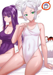 Rule 34 | 2girls, ?, absurdres, breasts, commentary, elf, fern (sousou no frieren), frieren, green eyes, highres, kein hasegawa, large breasts, long hair, looking at viewer, multiple girls, pointy ears, purple eyes, purple hair, sitting, small breasts, sousou no frieren, stark (sousou no frieren), swimsuit, thighs