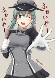 Rule 34 | 10s, 1girl, ;d, aqua hair, blue eyes, breasts, clenched hand, cosplay, female focus, fuuma nagi, gloves, hair ornament, hairclip, hat, kantai collection, large breasts, looking at viewer, military, military uniform, one eye closed, open mouth, peaked cap, prinz eugen (kancolle), prinz eugen (kancolle) (cosplay), reaching, reaching towards viewer, skirt, smile, solo, suzuya (kancolle), twintails, twitter username, uniform, white gloves