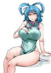 Rule 34 | 1girl, arm support, bare shoulders, blue dress, blue eyes, blue hair, breasts, china dress, chinese clothes, dress, hair ornament, hair rings, hair stick, hand on own chest, heiseikorotaisei, kaku seiga, large breasts, short hair, side slit, sitting, sleeveless, sleeveless dress, smile, solo, thighs, touhou