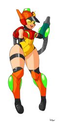 Rule 34 | 1girl, arm cannon, armor, keppok, looking at viewer, metroid, mighty switch force!, patricia wagon, simple background, solo, thick thighs, thighs, wide hips
