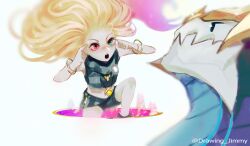Rule 34 | 1girl, :o, absurdres, aurelion sol (league of legends), bare shoulders, blonde hair, bracelet, crop top, dragon, dryskeleton (drawing jimmy), grey eyes, grey scarf, heterochromia, highres, index finger raised, jewelry, league of legends, long hair, looking at another, meme, multicolored hair, necklace, pink background, pink eyes, pink hair, portal (object), scarf, sharp teeth, shorts, teeth, think mark think! (meme), two-tone hair, upper teeth only, watermark, white background, zoe (league of legends)
