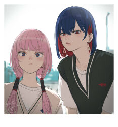 Rule 34 | 2girls, black sweater vest, blue eyes, blue hair, blunt bangs, blurry, blurry background, blush, border, brown sweater vest, closed mouth, colored inner hair, commentary, earrings, hair behind ear, hair tubes, half-closed eyes, highres, isshiki (ffmania7), jewelry, kaf (kamitsubaki studio), kamitsubaki studio, lips, long hair, looking at viewer, making faces, multicolored eyes, multicolored hair, multiple girls, pink hair, pout, red eyes, red hair, rim (kamitsubaki studio), shirt, short hair, short sleeves, signature, sweater vest, symbol-only commentary, twitter username, upper body, v-shaped eyebrows, virtual youtuber, white border, white shirt, yellow pupils