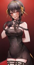 Rule 34 | 1girl, absurdres, arm behind back, black dress, black hair, black thighhighs, blood, blood on face, breasts, cleavage, commentary request, dress, fingerless gloves, gloves, gold hairband, hairband, highres, large breasts, red background, red eyes, sidelocks, solo, spy x family, tako yuui, thighhighs, two-sided dress, two-sided fabric, yor briar