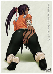 Rule 34 | 1girl, all fours, anus, ass, ass grab, azasuke, bleach, censored, dark skin, dark-skinned female, female focus, from behind, groping, highres, latex, long hair, looking back, no panties, ponytail, purple hair, pussy, shihouin yoruichi, skin tight, smile, solo, torn clothes, yellow eyes