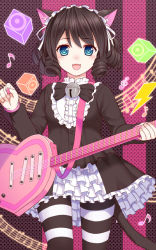 Rule 34 | 10s, 1girl, animal ears, bell, black hair, cat ears, cat tail, curly hair, cyan (show by rock!!), dress, fangs, guitar, ikeda yuuki, instrument, md5 mismatch, show by rock!!, solo, strawberry heart (show by rock!!), striped clothes, striped thighhighs, tail, thighhighs