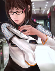 Rule 34 | 1girl, amputee, brown hair, glasses, non-web source, notebook, realistic, solo, writing
