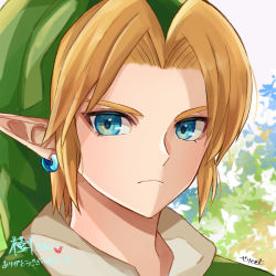 Rule 34 | 1boy, blonde hair, blue eyes, earrings, frown, grey background, heart, jewelry, link, looking at viewer, male focus, multicolored background, nintendo, parted bangs, pointy ears, portrait, seri (yuukasakura), signature, solo, the legend of zelda, the legend of zelda: ocarina of time, translation request