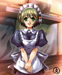 Rule 34 | 1girl, apron, breasts, cowboy shot, dejiko, di gi charat, green eyes, green hair, hisahiko, large breasts, maid, maid apron, matching hair/eyes, open mouth, own hands together, solo, teeth, upper teeth only