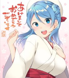 Rule 34 | 1girl, alternate costume, beret, blue eyes, blue hair, blush, breasts, double bun, flower, hair bun, hand on own chest, hat, highres, japanese clothes, kanaka (kananan0910828), kantai collection, large breasts, miko, new year, open mouth, sailor hat, solo, upper body, urakaze (kancolle), white hat, wide sleeves