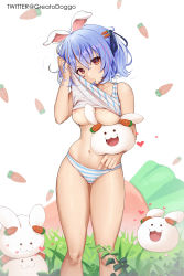 Rule 34 | 1girl, alternate breast size, bare arms, between breasts, blue hair, breasts, brown eyes, carrot, carrot hair ornament, clothes lift, commentary, english commentary, feet out of frame, food-themed hair ornament, grass, greatodoggo, hair ornament, hair ribbon, highres, hololive, lifted by self, looking at viewer, medium breasts, multicolored hair, navel, nipple slip, nipples, no bra, open mouth, panties, parted lips, pekomon (usada pekora), ribbon, shirt, shirt lift, short eyebrows, short hair, sleeveless, sleeveless shirt, solo, standing, stomach, streaked hair, striped clothes, striped panties, striped shirt, thick eyebrows, underwear, usada pekora, virtual youtuber