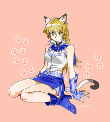 Rule 34 | 1girl, 203wolves, animal ears, bare shoulders, belt, blonde hair, blue footwear, blue gloves, blue sailor collar, blue skirt, breasts, buttons, cat day, cat ears, cat tail, closed mouth, commentary request, duel academy uniform (yu-gi-oh! gx), fingerless gloves, full body, gloves, hair between eyes, high collar, long hair, looking at viewer, medium breasts, miniskirt, revision, sailor collar, shirt, signature, simple background, sitting, skirt, sleeveless, sleeveless shirt, solo, straight hair, tail, tenjouin asuka, turtleneck, wariza, yu-gi-oh!, yu-gi-oh! gx