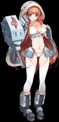 Rule 34 | 1girl, bikini, blonde hair, blue eyes, boots, breasts, cannon, cleavage, cloak, full body, fur-trimmed boots, fur-trimmed cloak, fur trim, gauntlets, hood, hooded cloak, kv-2 (panzer waltz), large breasts, long hair, navel, official art, panzer waltz, personification, single gauntlet, solo, swimsuit, thighhighs, transparent background, turret, white bikini, white thighhighs