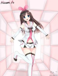Rule 34 | 1girl, arm warmers, armpits, bare shoulders, blue eyes, blush, boots, bow, breasts, brown hair, collarbone, full body, hair bow, hairband, kizuna ai, kizuna ai inc., lace, lace-trimmed legwear, lace trim, long hair, looking at viewer, medium breasts, navel, official art, open mouth, outstretched arm, outstretched hand, pink bow, pink hairband, ribbon, sailor collar, short shorts, shorts, simple background, smile, solo, standing, striped clothes, striped ribbon, striped thighhighs, swept bangs, tagme, teeth, thigh boots, thighhighs, vest, white background, white footwear, white shorts, white thighhighs, white vest