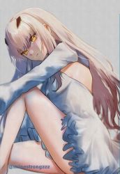 Rule 34 | 1girl, melusine (fate), fate/grand order, fate (series), feet out of frame, highres, long hair, looking at viewer, minestrongzzz, simple background, solo, white background, white hair, yellow eyes