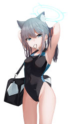 Rule 34 | 1girl, absurdres, animal ear fluff, animal ears, arms behind back, bag, black one-piece swimsuit, blue archive, blue eyes, breasts, competition swimsuit, covered navel, cowboy shot, cross hair ornament, extra ears, grey hair, hair ornament, hair tie, hair tie in mouth, halo, highres, low ponytail, medium breasts, medium hair, mismatched pupils, mouth hold, multicolored clothes, multicolored swimsuit, nero (nero nyam), one-piece swimsuit, rubber band, shiroko (blue archive), shiroko (swimsuit) (blue archive), simple background, solo, standing, swimsuit, tying hair, white background